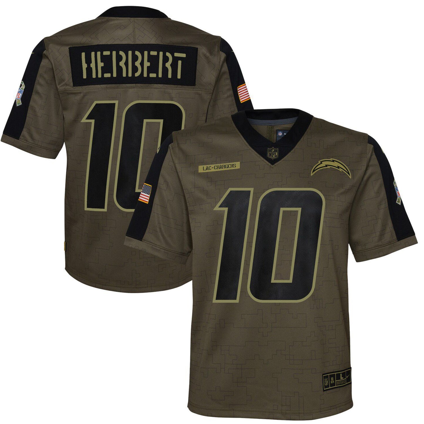 Youth Nike Justin Herbert Olive Los Angeles Chargers 2021 Salute To Service Game Jersey