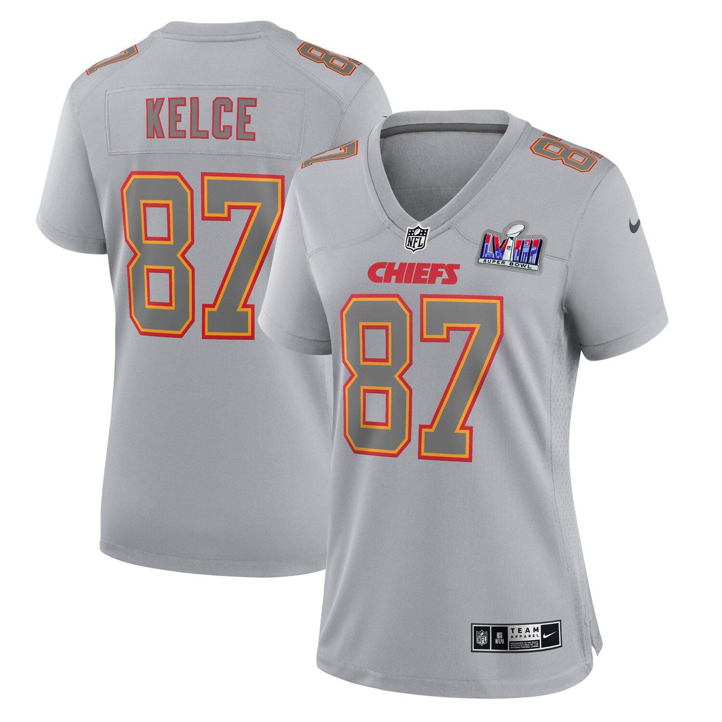 Women's Nike Travis Kelce Gray Kansas City Chiefs Super Bowl LVIII Atmosphere Fashion Game Jersey