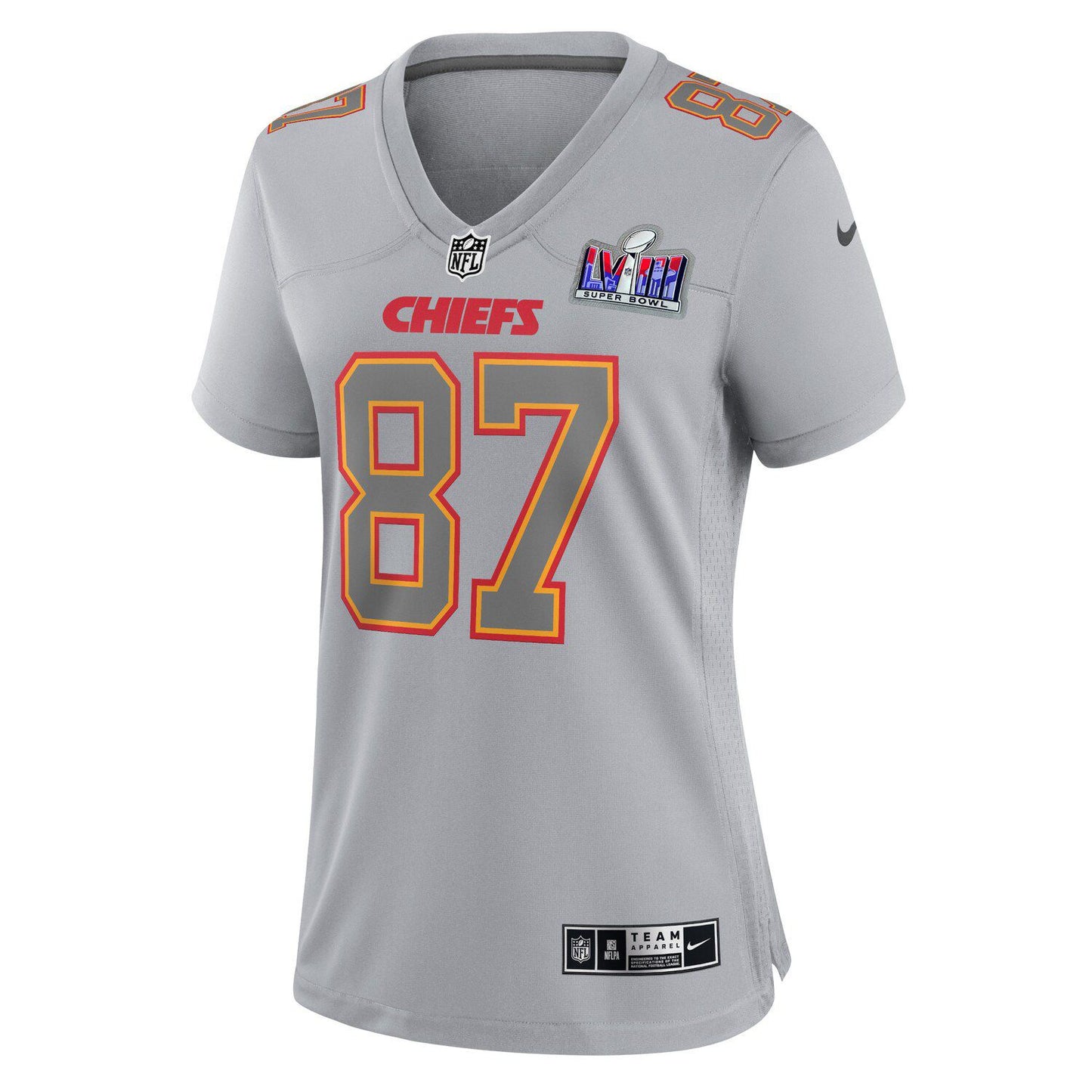 Women's Nike Travis Kelce Gray Kansas City Chiefs Super Bowl LVIII Atmosphere Fashion Game Jersey