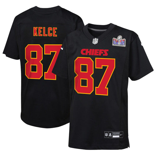 Youth Nike Travis Kelce Black Kansas City Chiefs Super Bowl LVIII Patch Carbon Fashion Game Jersey