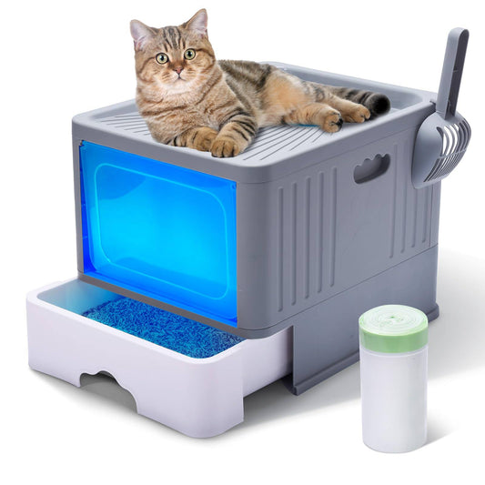 Foldable Cat Litter Box with Lid Enclosed Drawer Litter Box with Handy Scoop & 15 Waste Liners